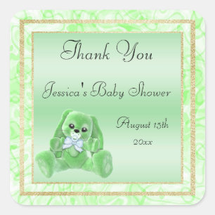 Sticker Carré Lapin Vert Mignon Remerciements Baby Shower