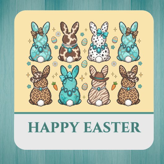 Sticker Carré Lapins de Pâques bleu marron imprimé léopard cowgi