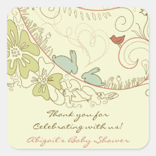Sticker Carré Lapins et fleurs Baby shower de Merci neutre