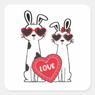 Sticker Carré Lapins mignons portant des lunettes en forme de cœ