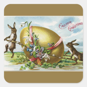 Sticker Carré lapins vintages et oeufs de Pâques dorés