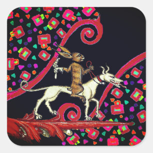 Sticker Carré LARGE BESTIAIRE MÉDIÉVAL Lapin chevauchant un chie