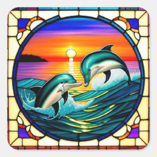 Sticker Carré L'art du verre tendu avec les dauphins qui saute a