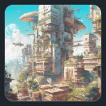 Sticker Carré L'art futuriste de science-fiction de la ville<br><div class="desc">Produits d'art Imaginaire de The Lunarium.</div>
