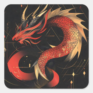 Sticker Carré L'art majestueux du Dragon chinois rouge et or