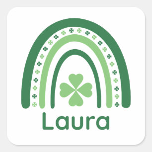Sticker Carré Laura Nom Trèfle Boho Arc-en-ciel
