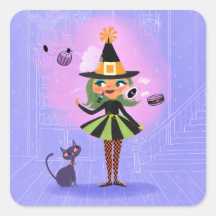 Sticker Carré Lavande de sorcière verte d'Halloween et rose
