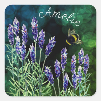 Sticker Carré Lavande et Bumblebee peintes à l'aquarelle