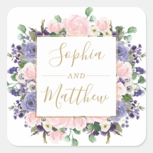 Sticker Carré Lavender Blush Purple Floral Gold Wedding Favorise