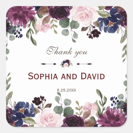 Sticker Carré Lavender Navy Blue Floral Bloom Mariage (Devant)