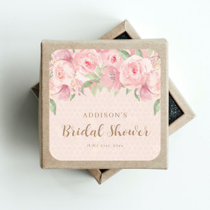 Sticker Carré Lavis Floral Rose Pâle Or Fête de Mariage