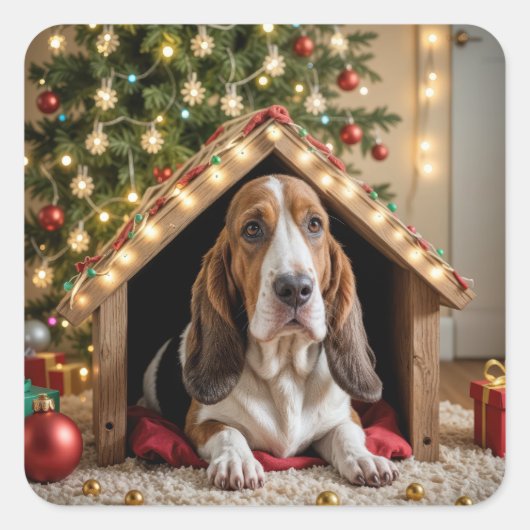 Sticker Carré Le Basset de Noël dans une niche (Devant)