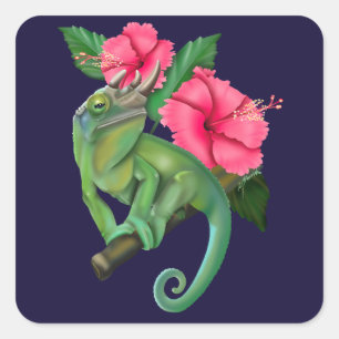 Sticker Carré Le caméléon de Jackson avec Hibiscus