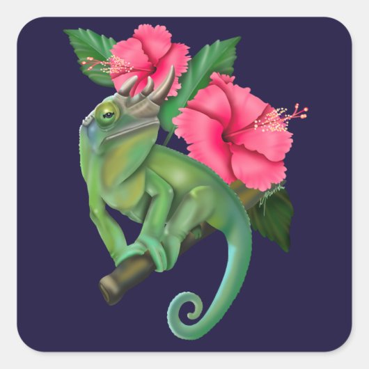 Sticker Carré Le caméléon de Jackson avec Hibiscus (Devant)