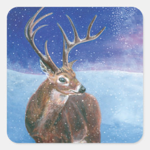 Sticker Carré Le Cerf rouge Cervus elaphus et paysage hivernal