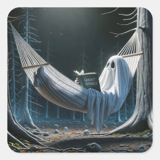 Sticker Carré Le fantôme d'Halloween dans un hamac (Devant)