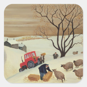 Sticker Carré Le foin au mouton par tracteur