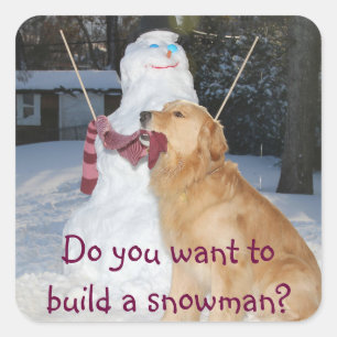 Sticker Carré Le golden retriever construit un bonhomme de neige