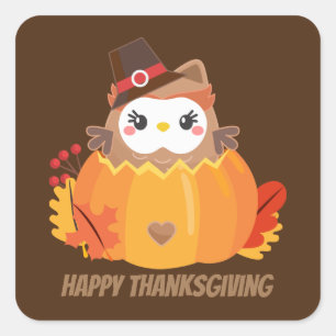 Sticker Carré Le hibou mignon de thanksgiving de Kawaii ajoutent
