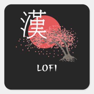 Sticker Carré Le Hip hop japonais de Lofi Kanji, fleurs de ceris