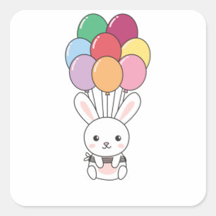 Sticker Carré Le Lapin S'Envole Avec Des Ballons Colorés