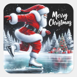 Sticker Carré Le Père Noël aime le patinage sur glace dans un ét