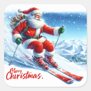 Sticker Carré Le Père Noël aime skier sur les montagnes enneigée