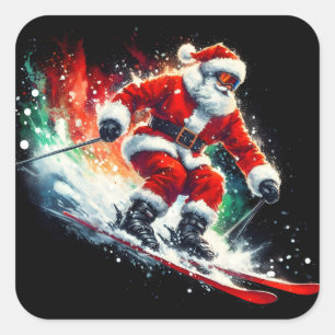 Sticker Carré Le Père Noël apprécie le ski dans un pays des merv