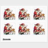 Sticker Carré Le Père Noël interagit avec un renne doux (Feuille)