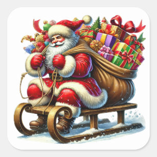 Sticker Carré Le Père Noël livre des cadeaux sur un traîneau nei