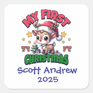 Sticker Carré Le premier Noël de bébé Santa Cerf Personnalisé
