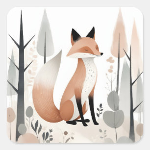 Sticker Carré Le renard mou minimaliste de Boho dans une forêt