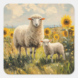 Sticker Carré Le terrain de tournesol mouton et agneau