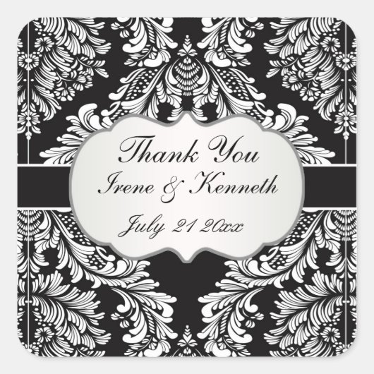 Sticker Carré Leafy Damask blanc sur noir Mariage en faveur (Devant)