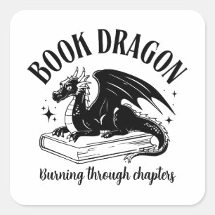 Sticker Carré Lecteur de fantasy de dragon livre Noir et Blanc