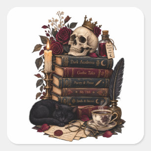 Sticker Carré Lecteur gothique, ver bibliophile, crâne et roses