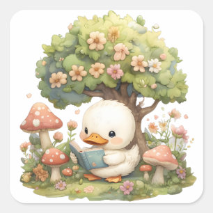 Sticker Carré Lecture de canard sous un arbre - Whimsical et Rel