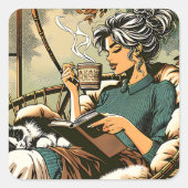 Sticker Carré Lecture douce Lady avec café et chat (Devant)