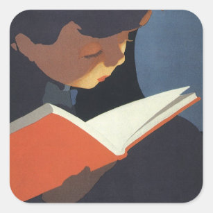 Sticker Carré Lecture vintage d'un livre à partir de la biblioth