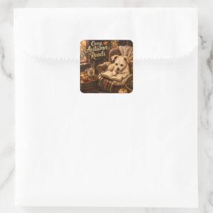 Sticker Carré Lectures Automnales Cosy Chien Amateur de Livres M