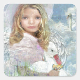 Sticker Carré Légèreté - ange alimentant un canard par un ét