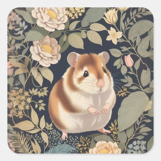 Sticker Carré L'élégant Hamster William Morris Inspiré Floral (Devant)