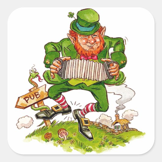 Sticker Carré Leprechaun Dancing a Jig, Bonne St. Patrick's Day (Devant)
