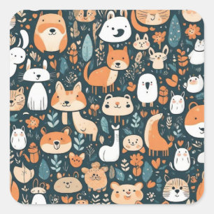 Sticker Carré Les animaux adorables design vert décor
