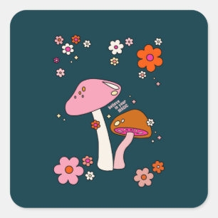Sticker Carré Les années 70 Champignons Rétro Et Fleurs Bleu Mar