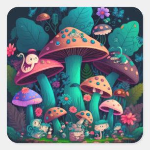 Sticker Carré Les elfes de champignons dans le champ