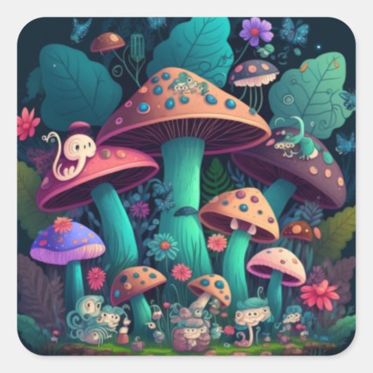Sticker Carré Les elfes de champignons dans le champ (Devant)