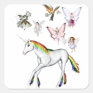 Sticker Carré Les fées colorent la licorne
