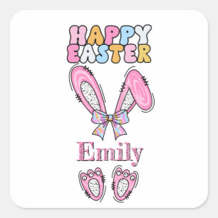 Sticker Carré Les filles personnalisent Happy Bunny Pâques rose