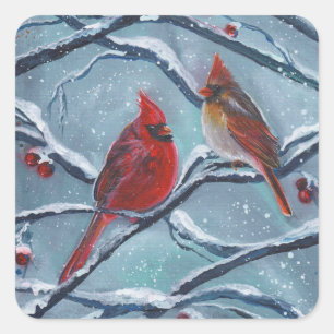 Sticker Carré Les oiseaux cardinaux hiver par Renee Lavoie
